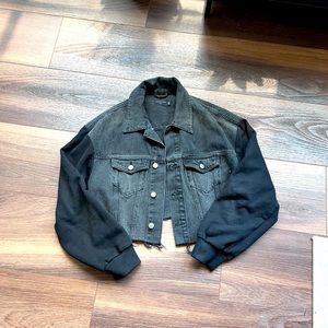 All Saints Cropped Denim Jacket with Sweatshirt Sleeves
